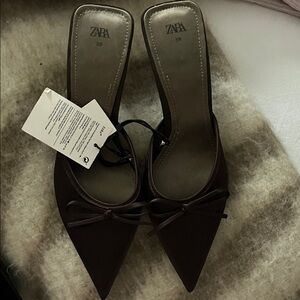 Zara Satin Women's Dark Brown Heeled Mules